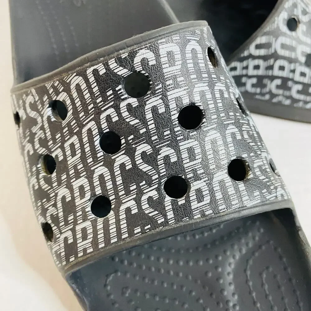 CROCS Black & White Logo Slides Comfort Slip On Shoe Sz J 5 Youth/Kids